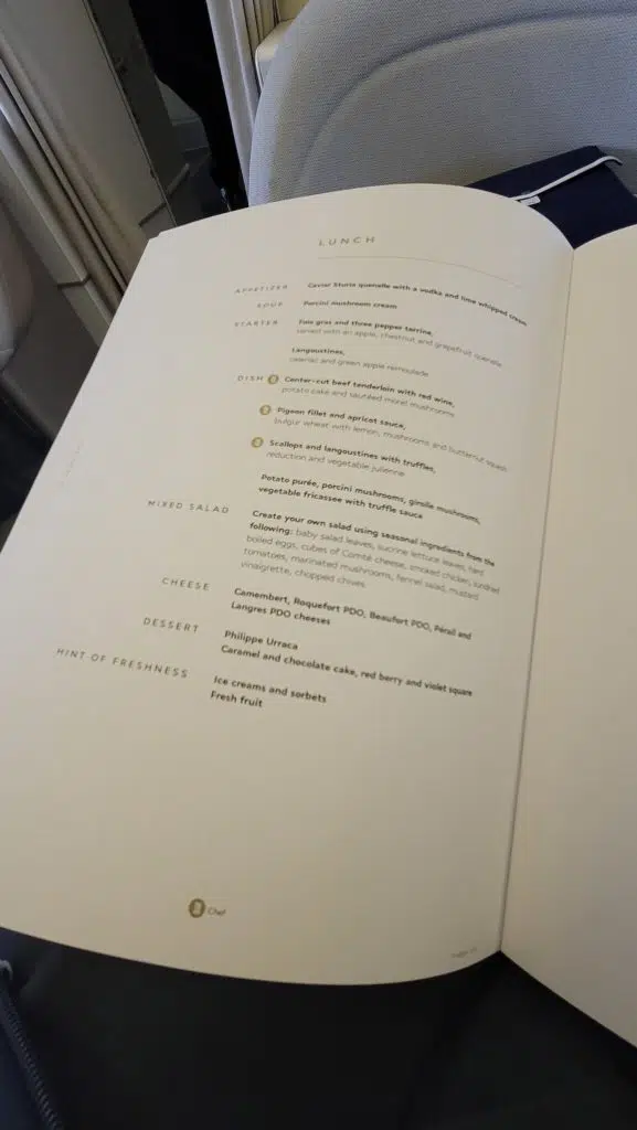 a menu on an airplane