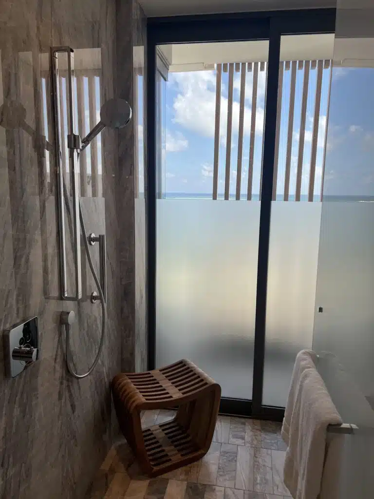 a bathroom with a shower and a chair